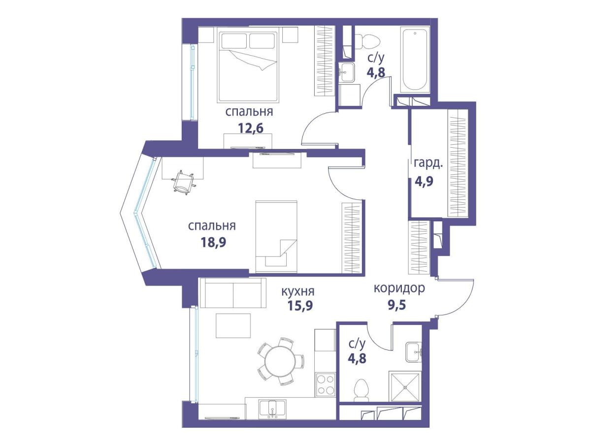 Планировка 2-комнатная квартира в ЖК "Символ"