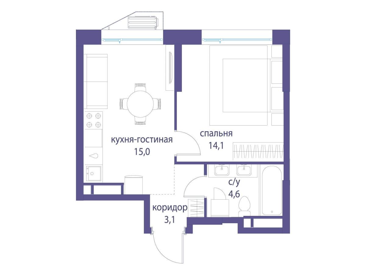 Планировка 1-комнатная квартира в ЖК "Символ"