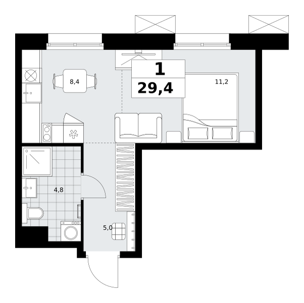Планировка 1-комнатная квартира в ЖК "Дзен-кварталы"
