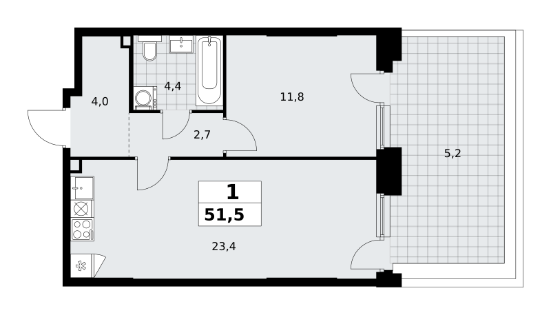 Планировка 1-комнатная квартира в ЖК "Прокшино"
