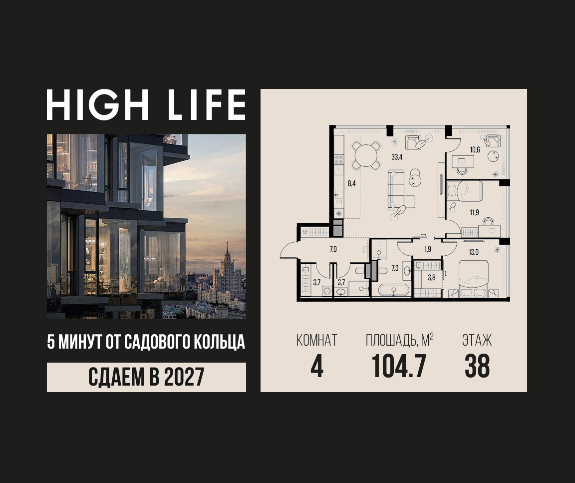 Планировка 4-комнатная квартира в ЖК "Хай Лайф" (High Life)