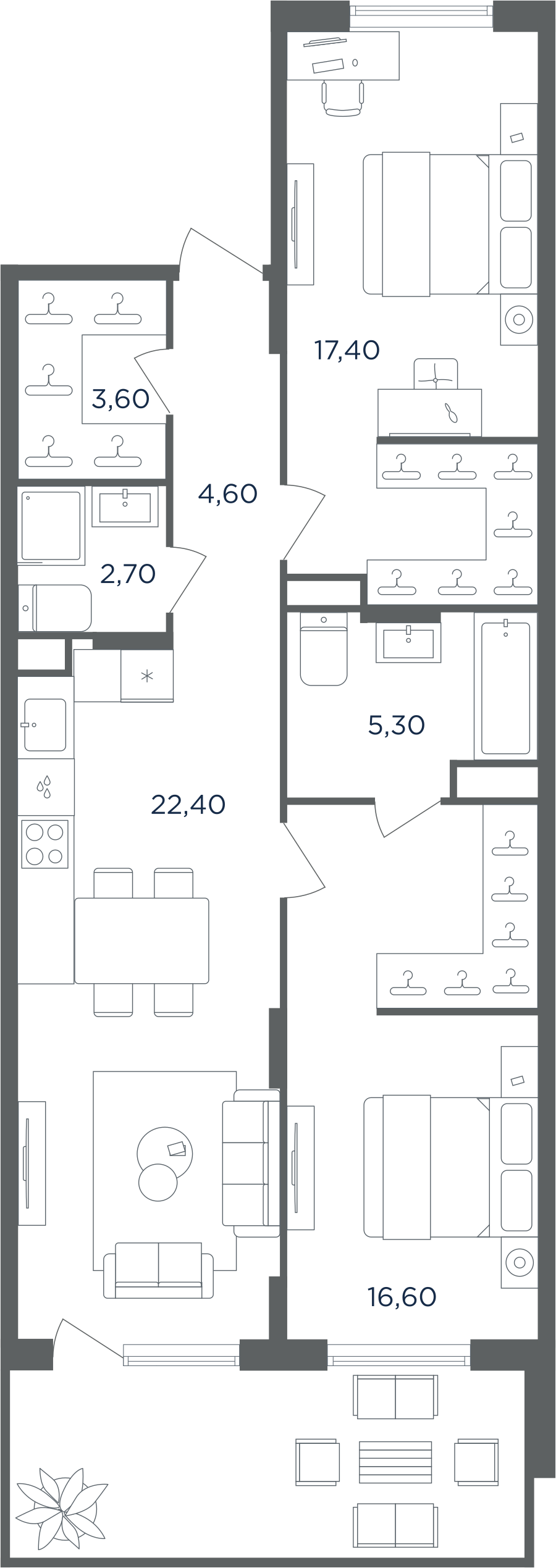 Планировка 3-комнатная квартира в ЖК "Равновесие"