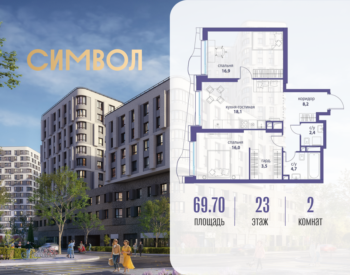 Планировка 2-комнатная квартира в ЖК "Символ"