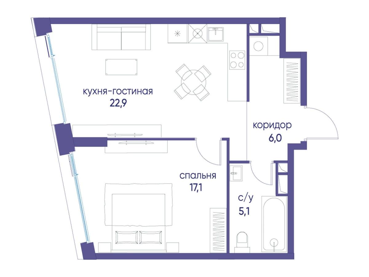 Планировка 1-комнатная квартира в ЖК "Остров"