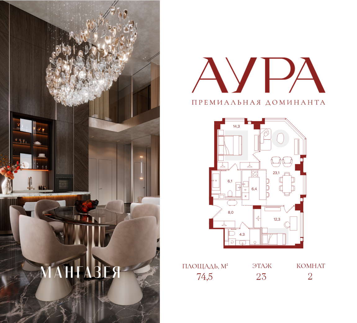 Планировка 2-комнатная квартира в ЖК "АУРА" (Мангазея на Тульской)