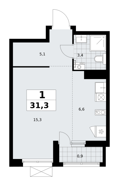 Планировка 1-комнатная квартира в ЖК "Прокшино"