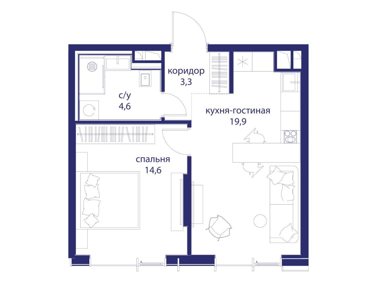 Планировка 1-комнатная квартира в ЖК "Событие"