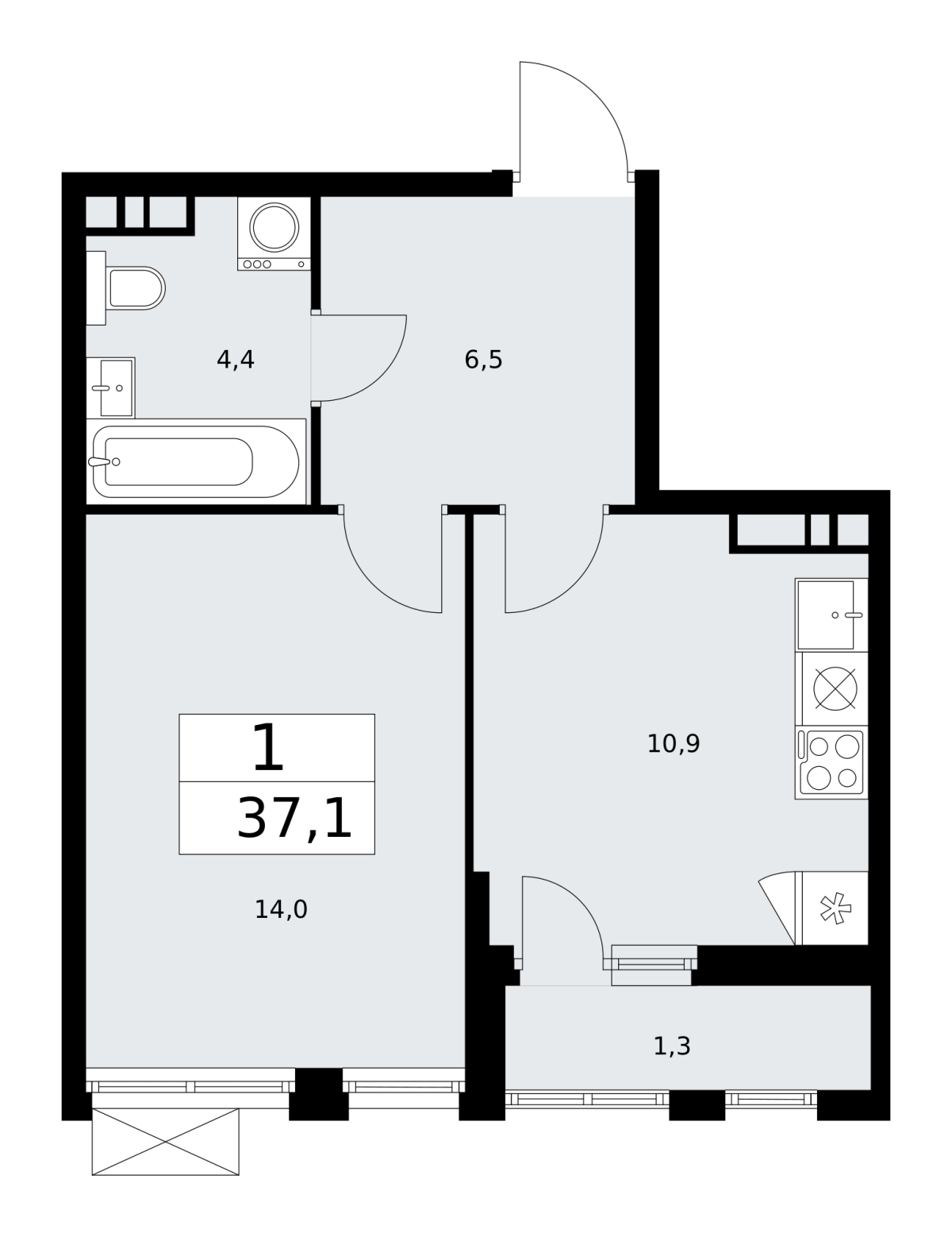 Планировка 1-комнатная квартира в ЖК "Бунинские Кварталы"