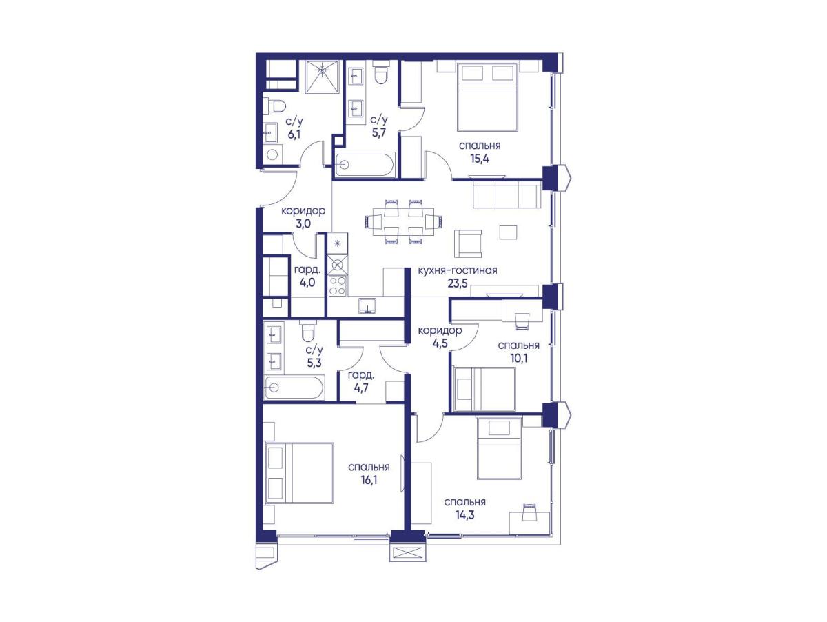 Планировка 4-комнатная квартира в ЖК "Остров"