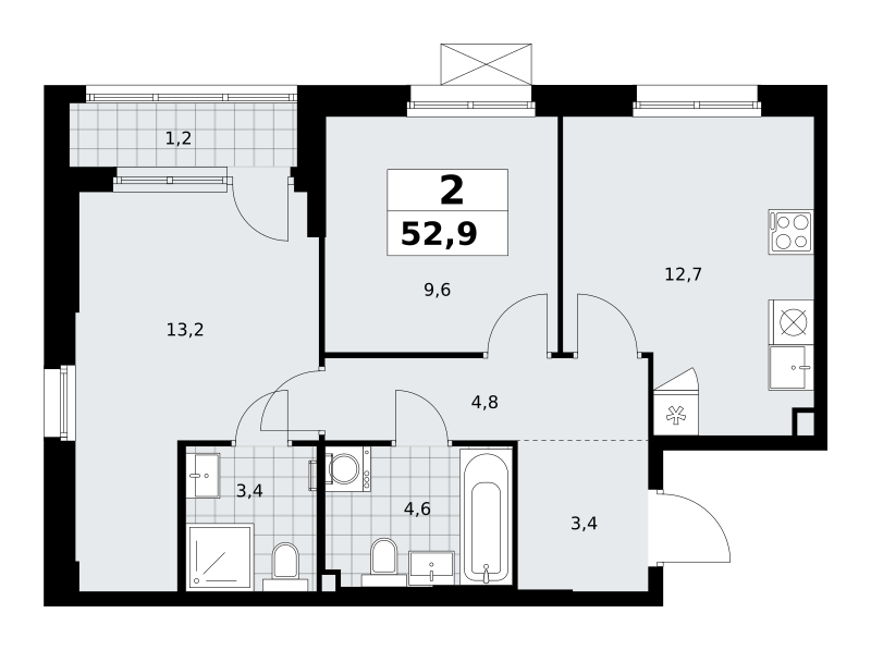 Планировка 2-комнатная квартира в ЖК "Прокшино"