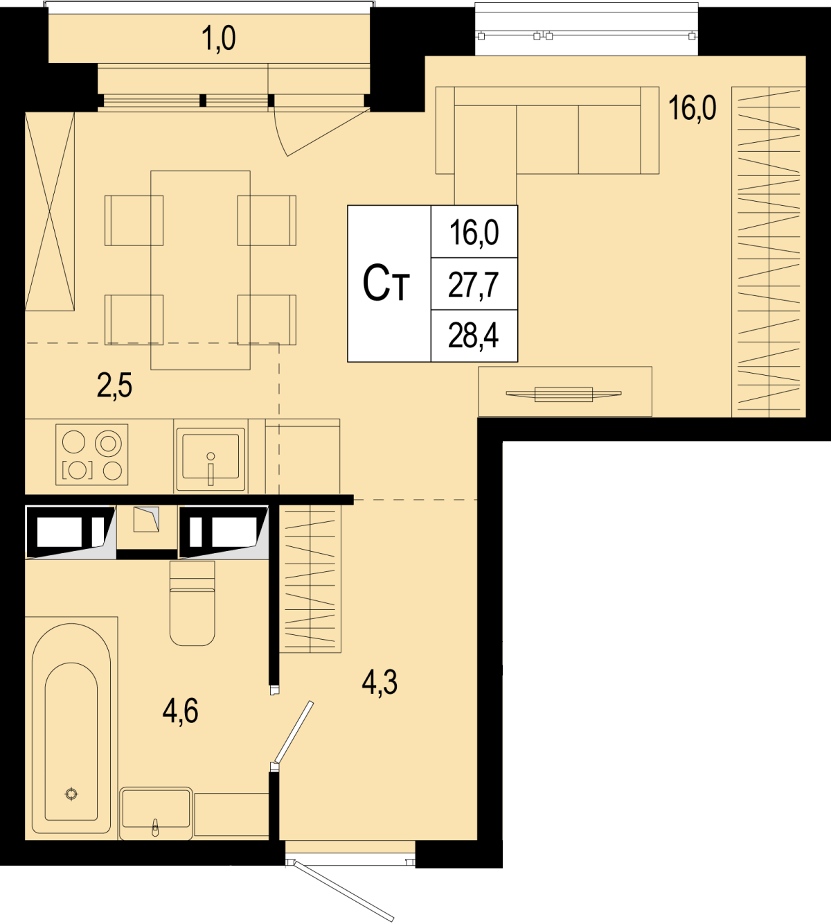 Планировка Студийная планировка в ЖК "Новая Щербинка"