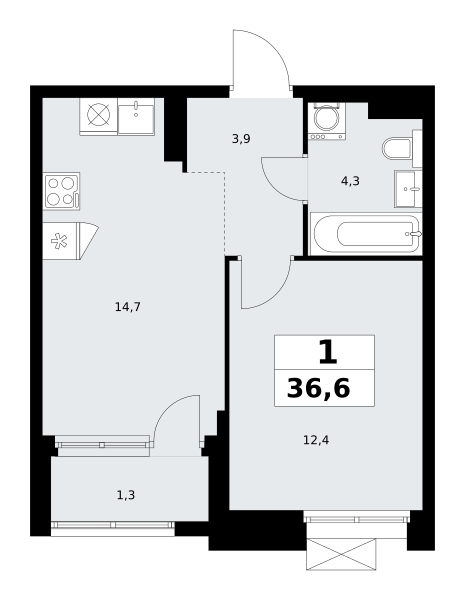 Планировка 1-комнатная квартира в ЖК "Прокшино"