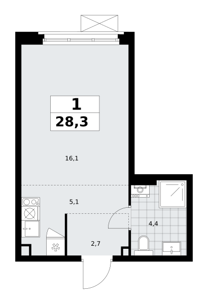 Планировка 1-комнатная квартира в ЖК "Прокшино"