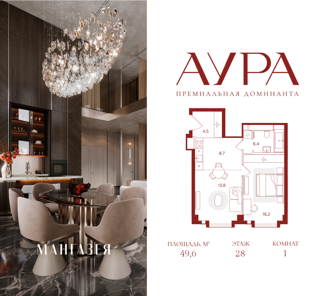 Планировка 1-комнатная квартира в ЖК "АУРА" (Мангазея на Тульской)