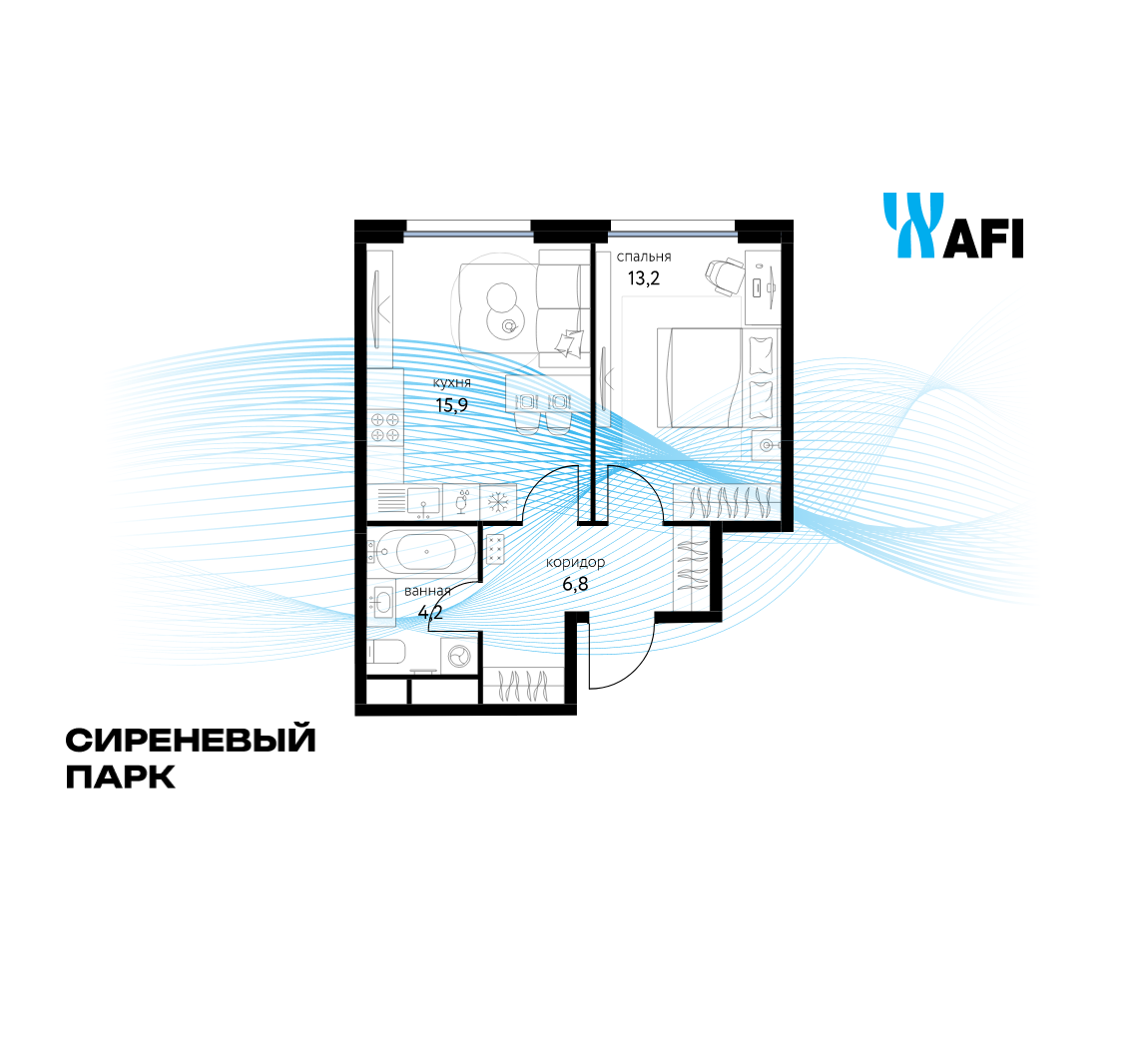 Планировка 1-комнатная квартира в ЖК "Сиреневый парк"