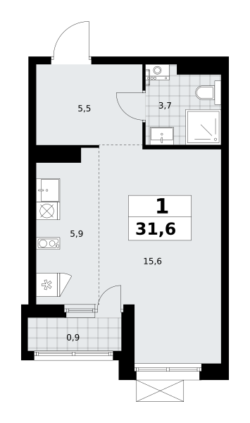 Планировка 1-комнатная квартира в ЖК "Прокшино"