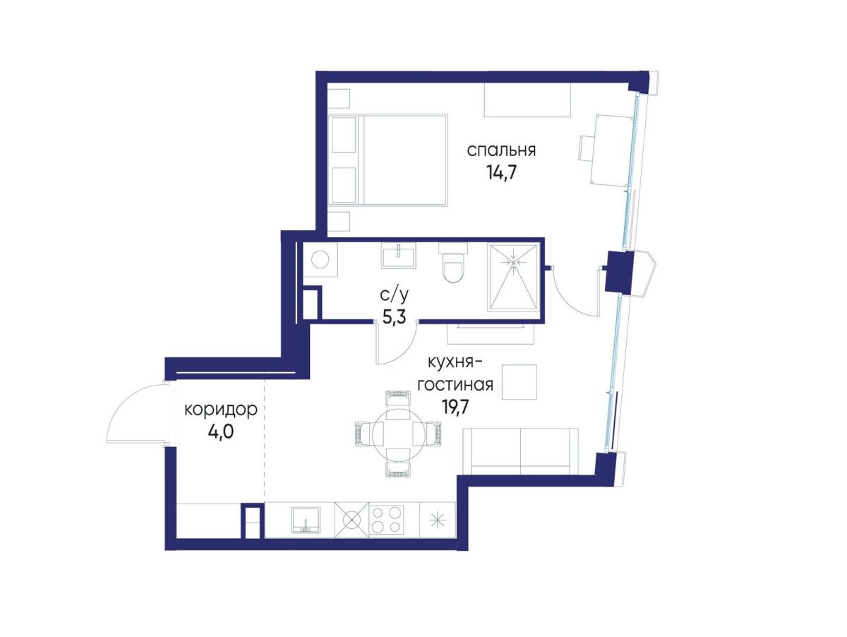 Планировка 1-комнатная квартира в ЖК "Остров"