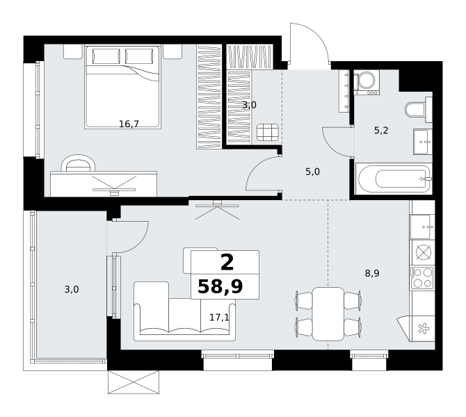 Планировка 2-комнатная квартира в ЖК "Дзен-кварталы"