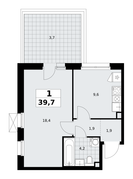 Планировка 1-комнатная квартира в ЖК "Прокшино"