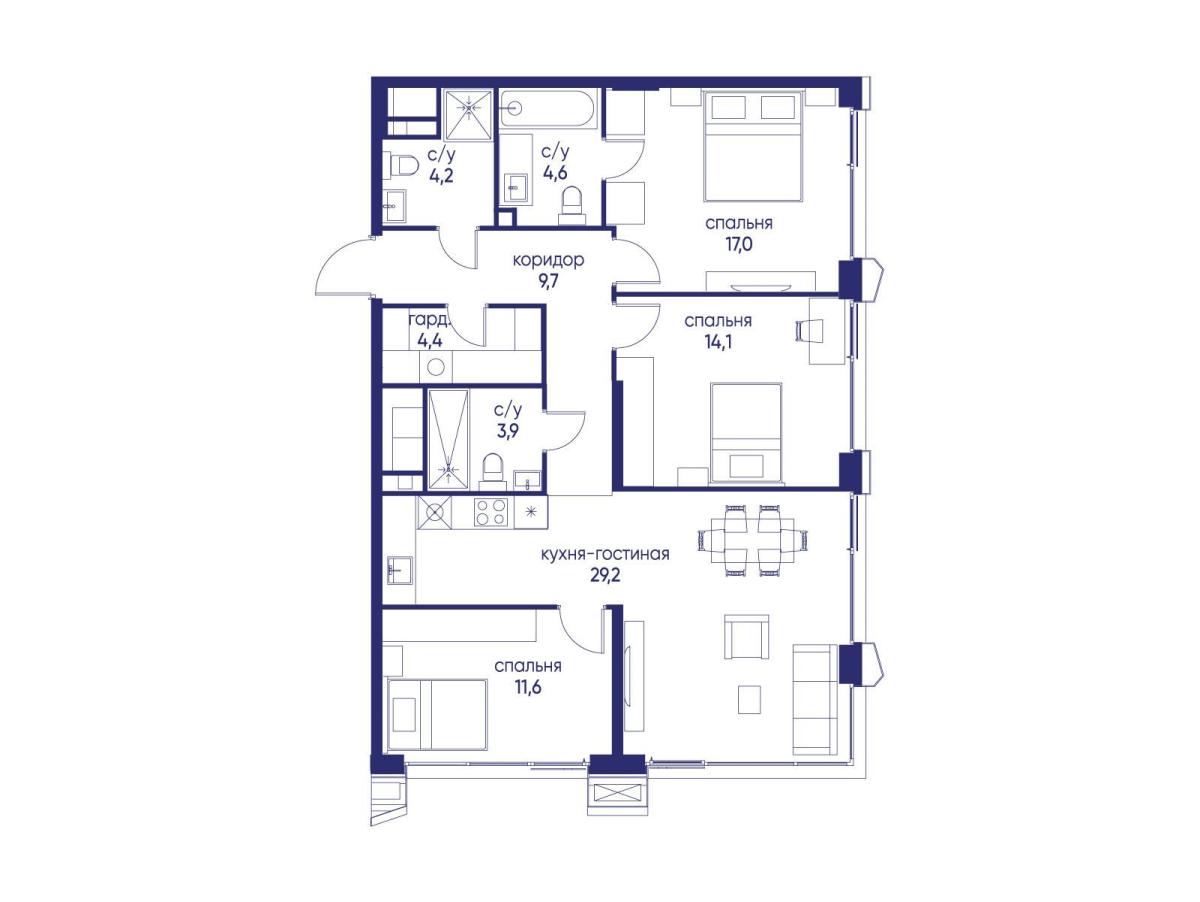 Планировка 3-комнатная квартира в ЖК "Остров"