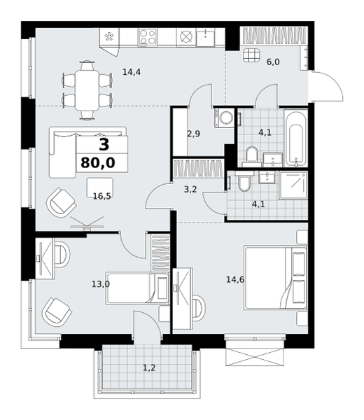 Планировка 3-комнатная квартира в ЖК "Дзен-кварталы"