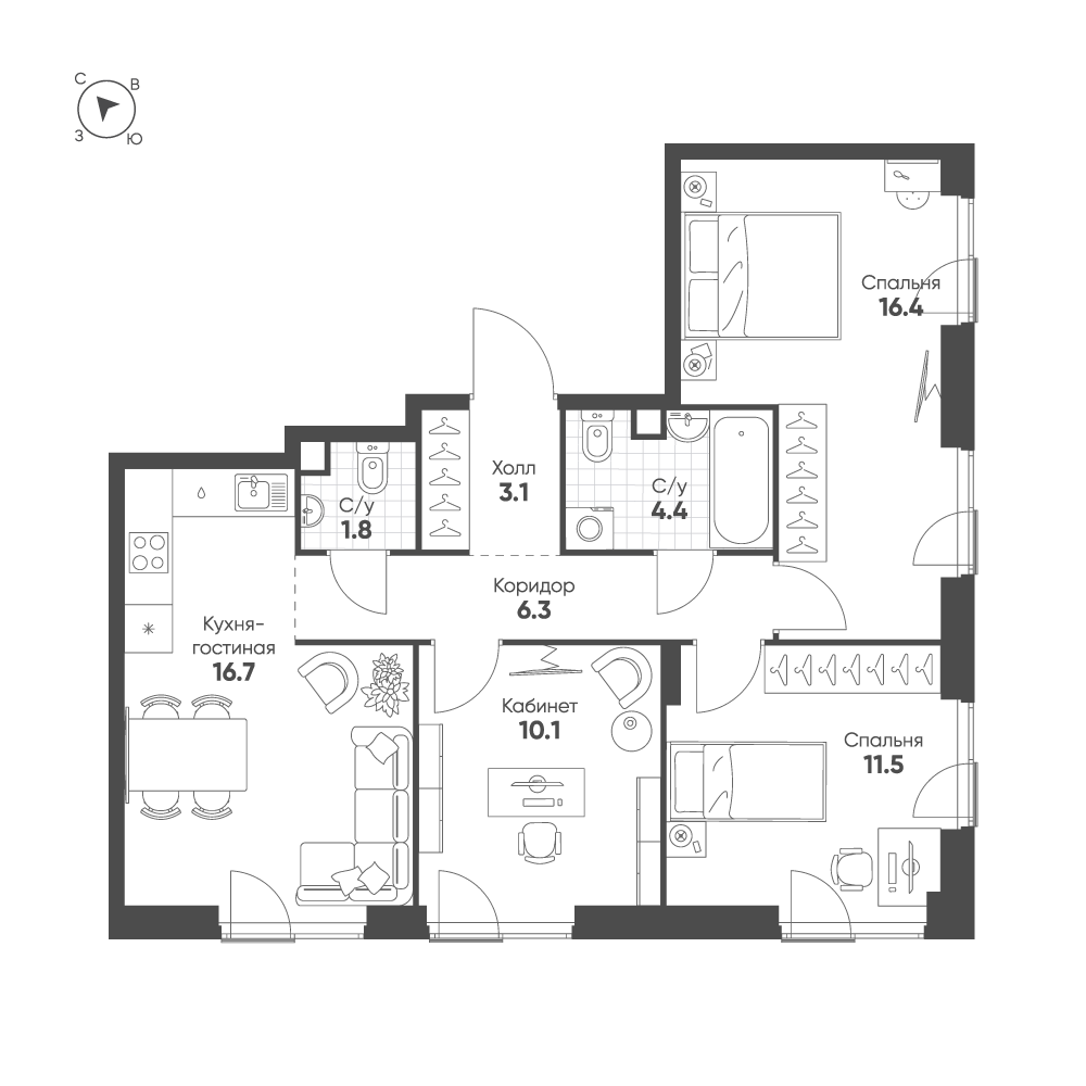 Планировка 3-комнатная квартира в ЖК Shagal (Шагал)