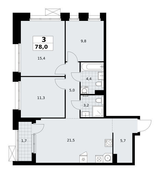 Планировка 3-комнатная квартира в ЖК "Прокшино"