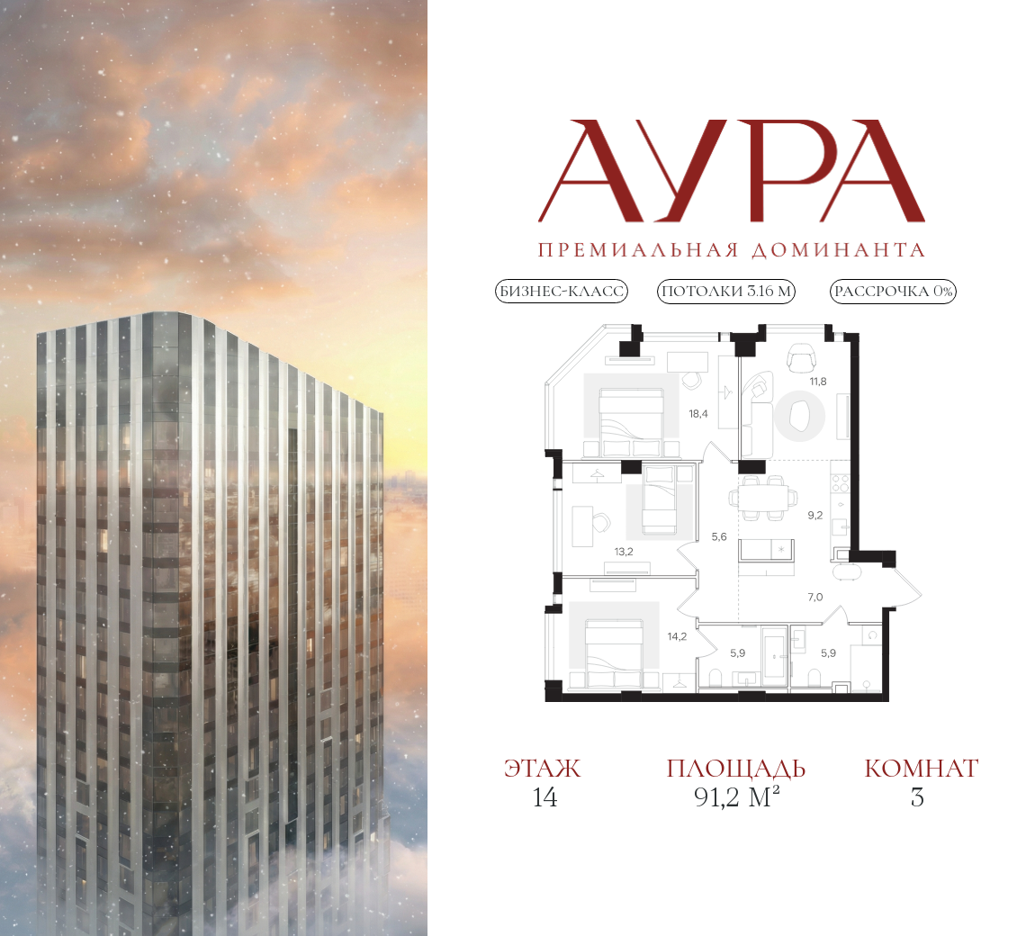 Планировка 3-комнатная квартира в ЖК "АУРА" (Мангазея на Тульской)