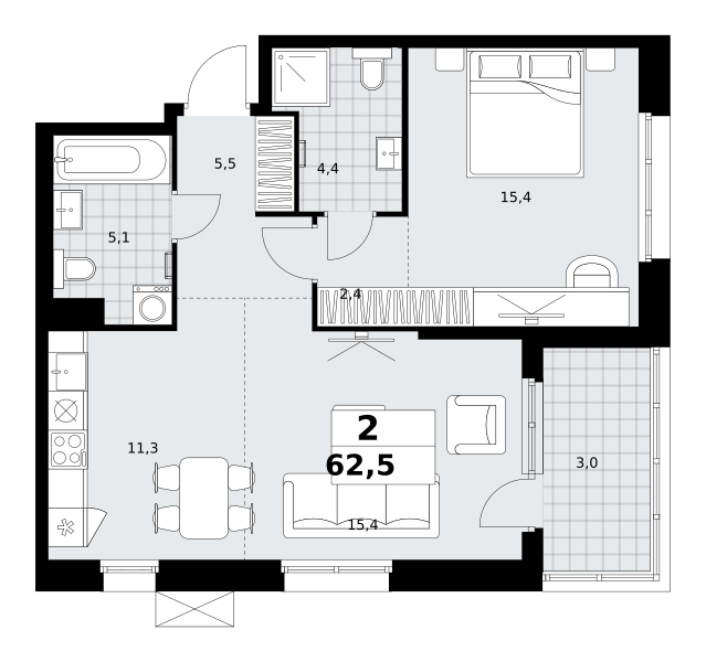 Планировка 2-комнатная квартира в ЖК "Дзен-кварталы"