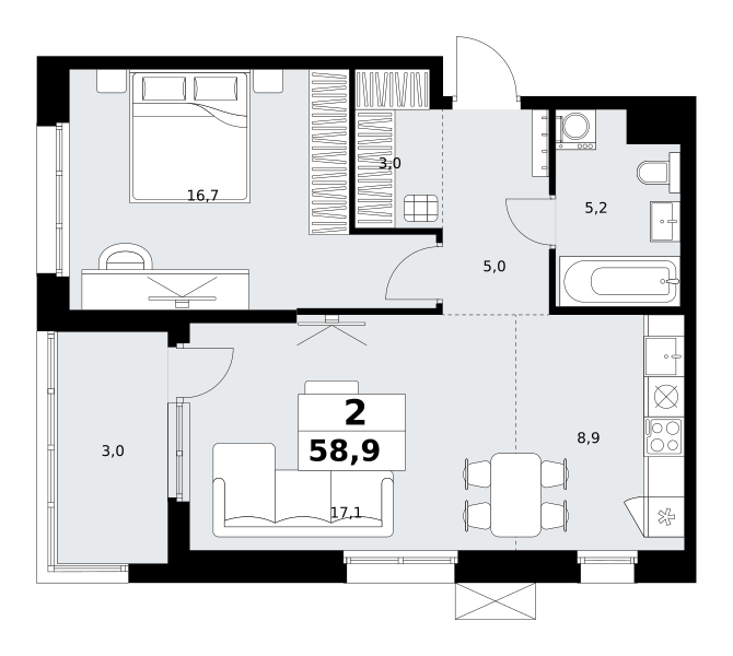 Планировка 2-комнатная квартира в ЖК "Дзен-кварталы"