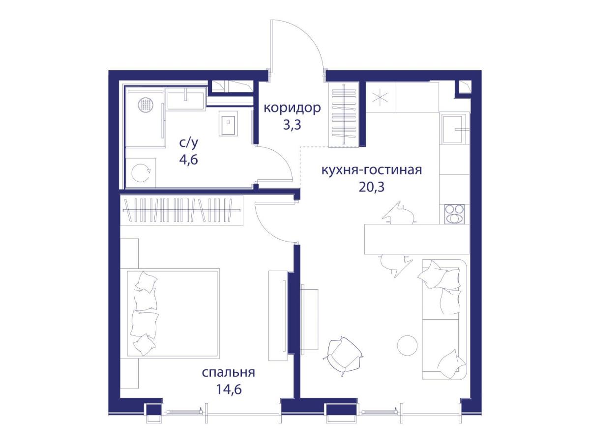 Планировка 1-комнатная квартира в ЖК "Событие"