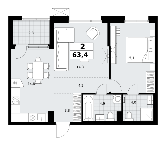Планировка 2-комнатная квартира в ЖК "Дзен-кварталы"