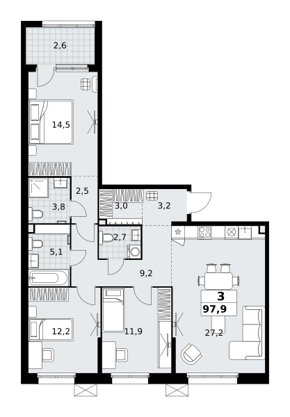 Планировка 3-комнатная квартира в ЖК "Дзен-кварталы"