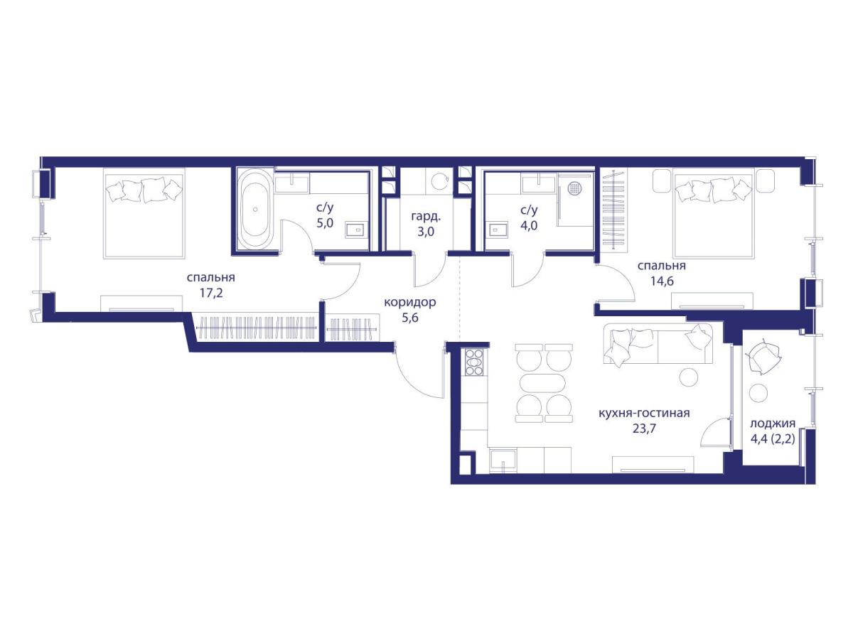 Планировка 2-комнатная квартира в ЖК "Событие"