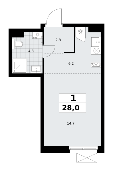 Планировка 1-комнатная квартира в ЖК "Прокшино"