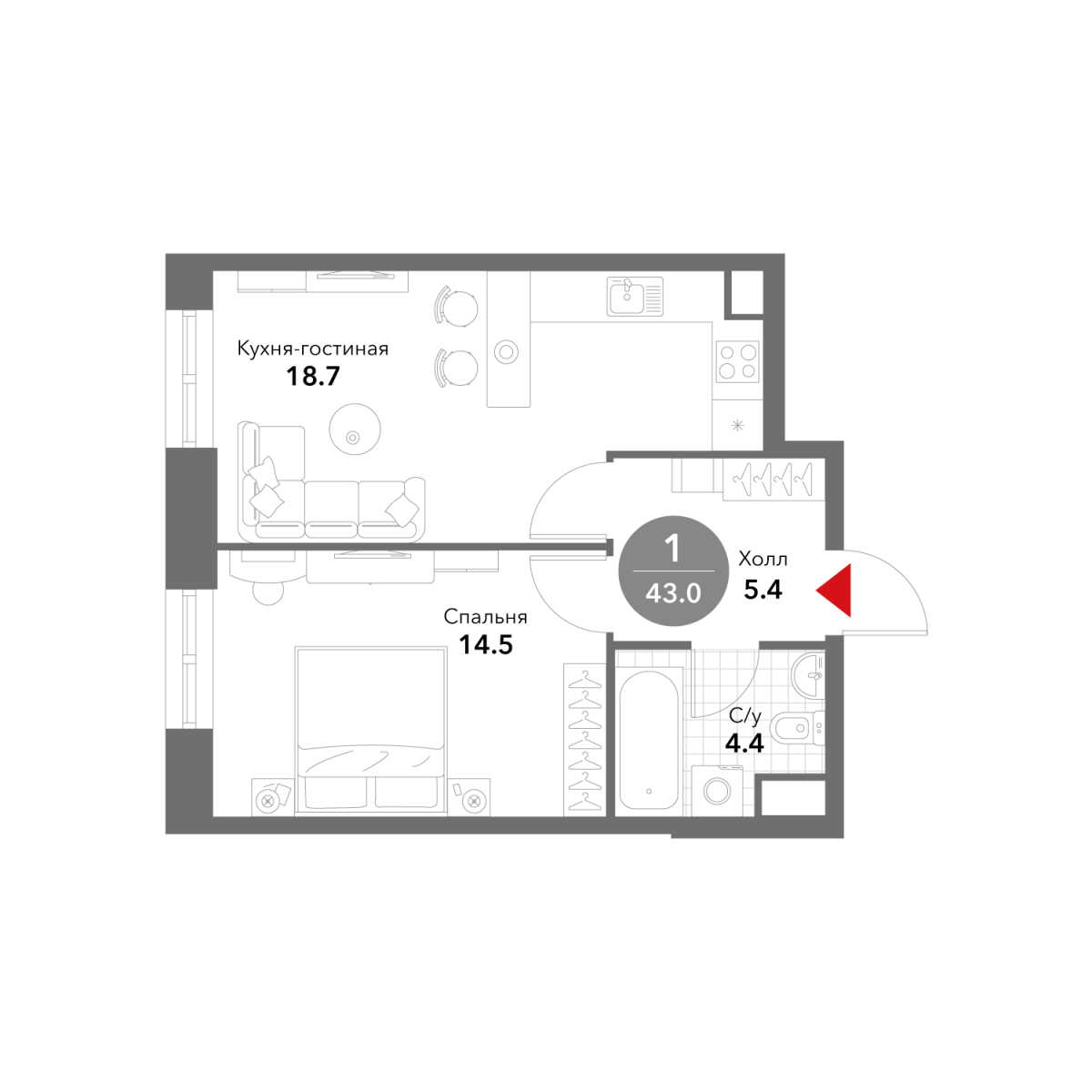 Планировка 1-комнатная квартира в ЖК Voxhall (Воксхолл)