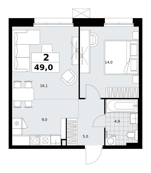 Планировка 2-комнатная квартира в ЖК "Дзен-кварталы"