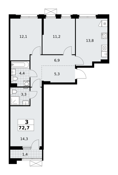 Планировка 3-комнатная квартира в ЖК "Прокшино"