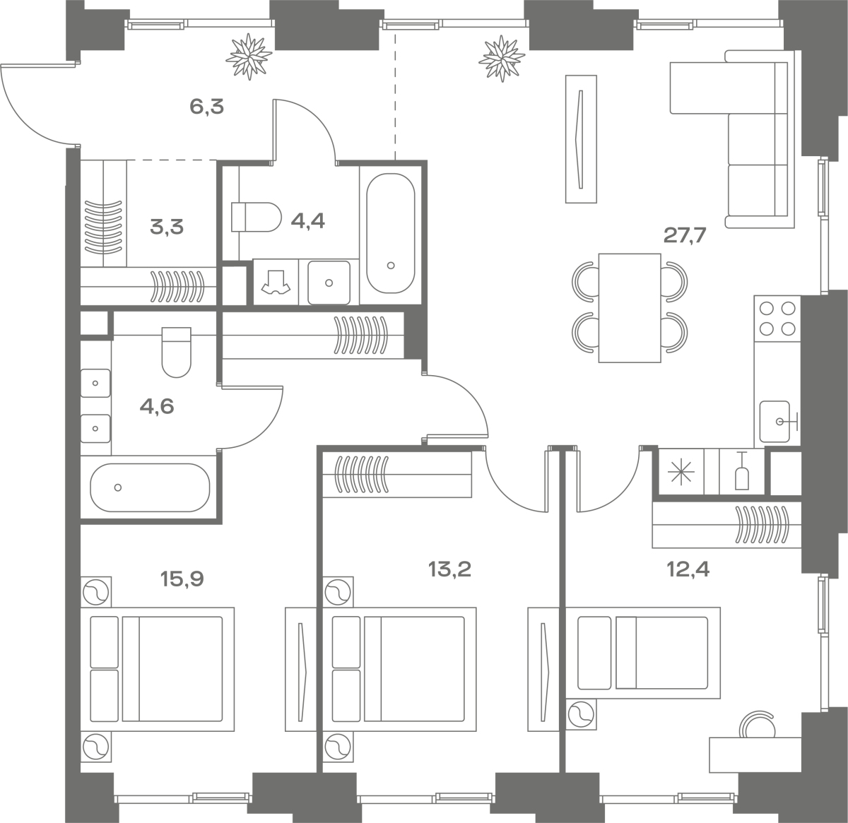 Планировка 3-комнатная квартира в ЖК Soul (Соул)
