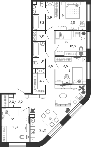 Планировка 4-комнатная квартира в ЖК Shagal (Шагал)
