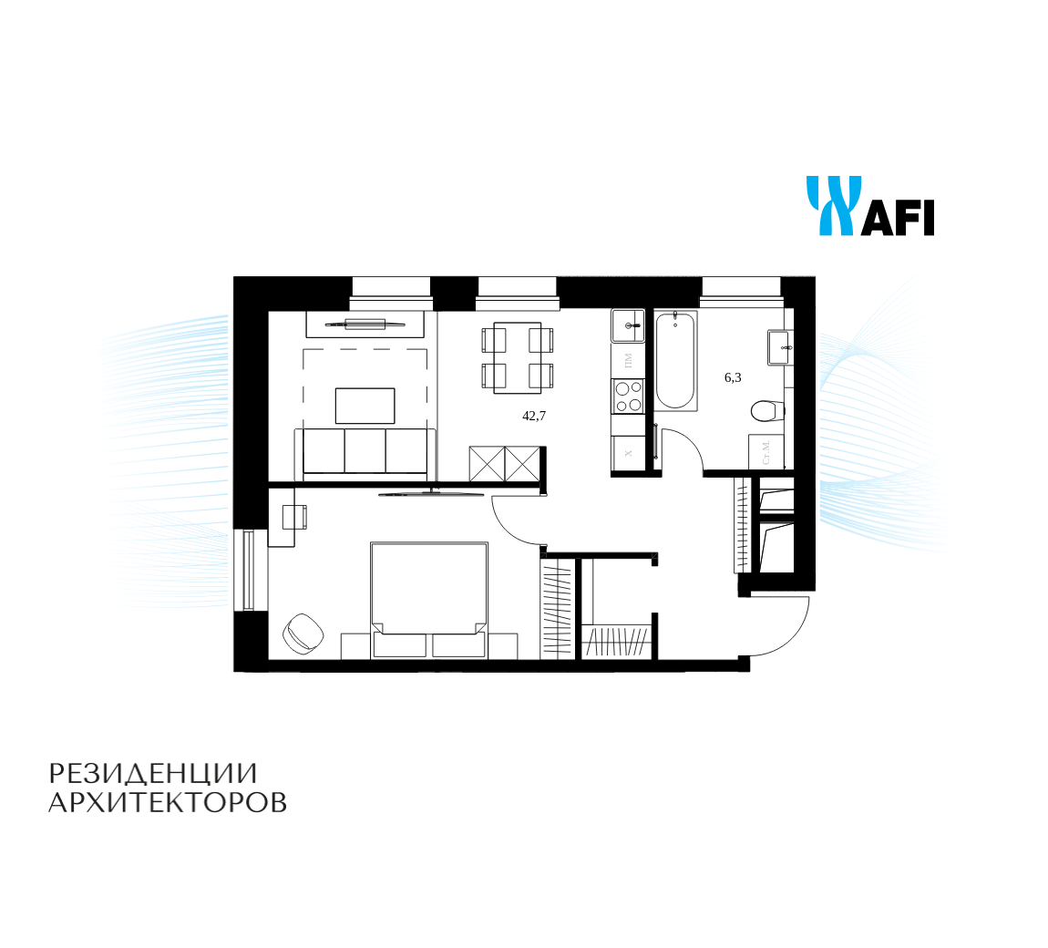Планировка 1-комнатная квартира в ЖК "Резиденции Архитекторов"