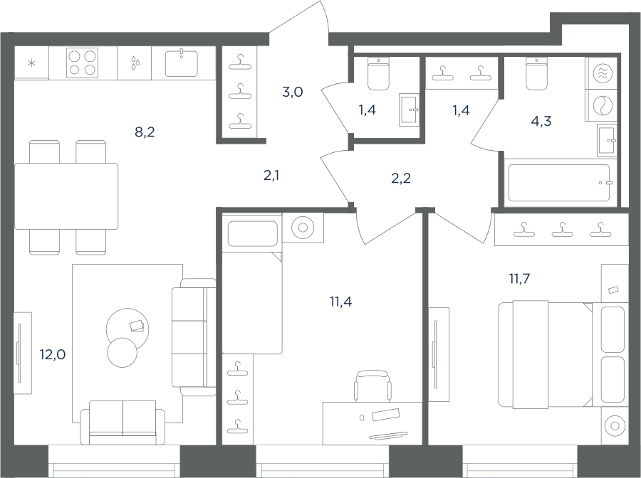 Планировка 3-комнатная квартира в ЖК "Равновесие"