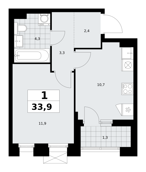 Планировка 1-комнатная квартира в ЖК "Прокшино"