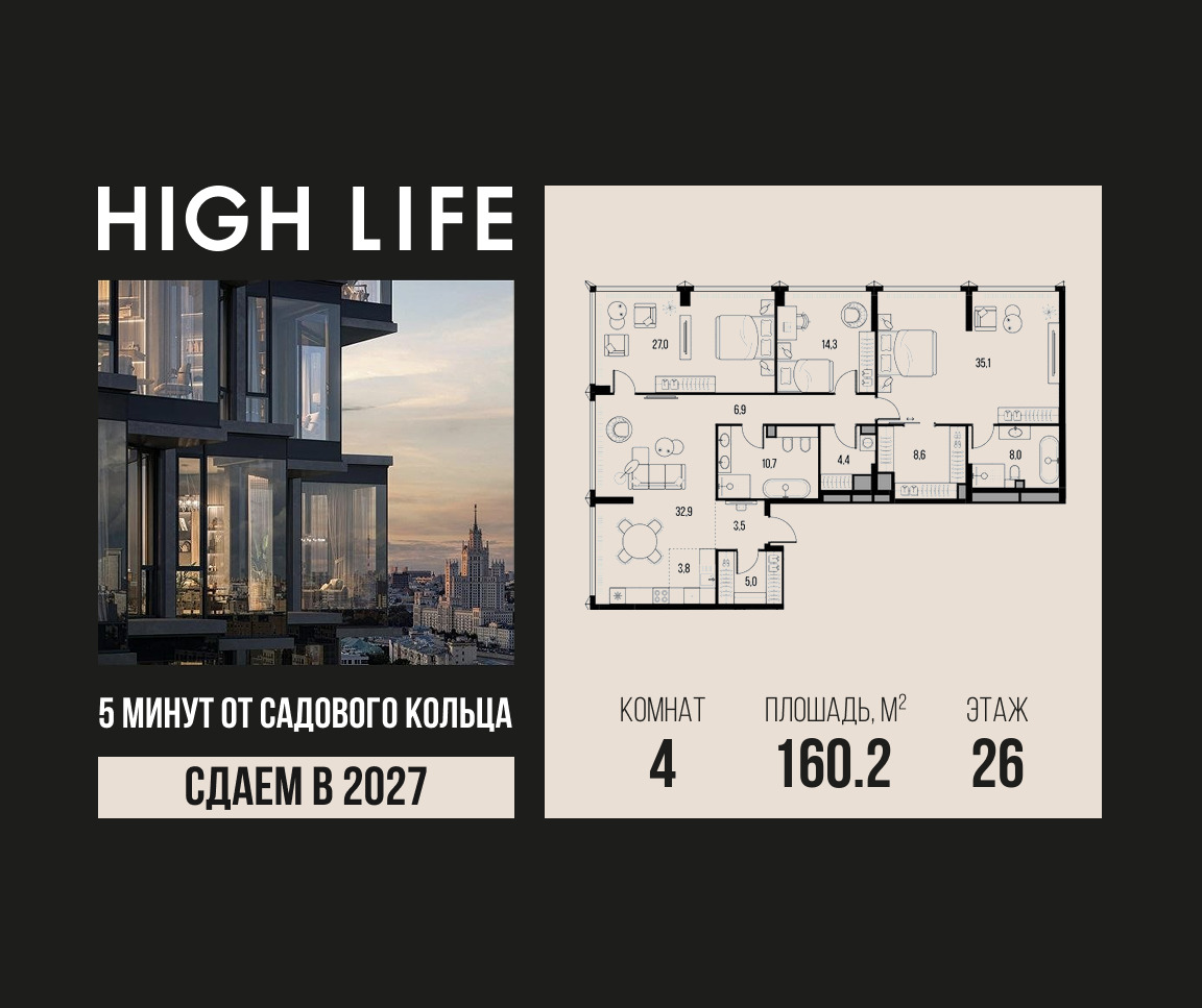 Планировка 4-комнатная квартира в ЖК "Хай Лайф" (High Life)
