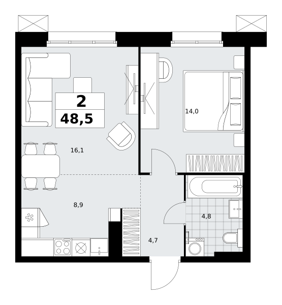 Планировка 2-комнатная квартира в ЖК "Дзен-кварталы"