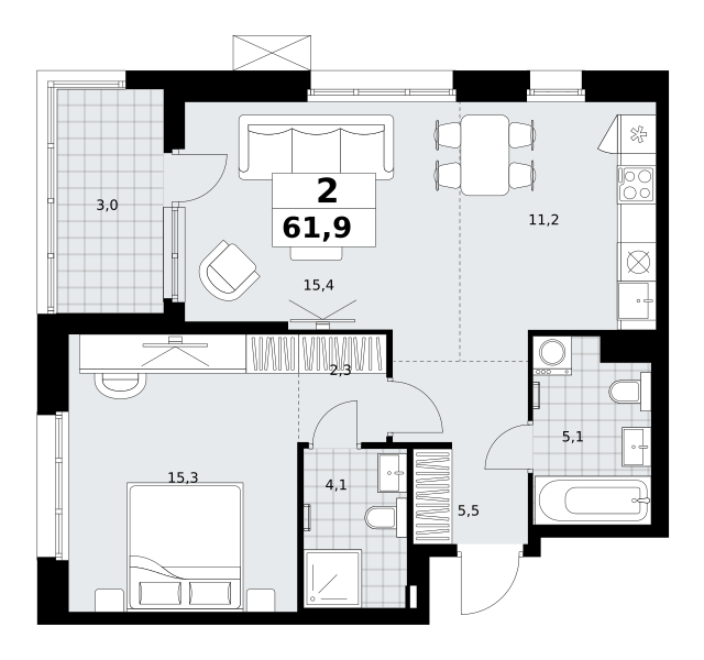 Планировка 2-комнатная квартира в ЖК "Дзен-кварталы"