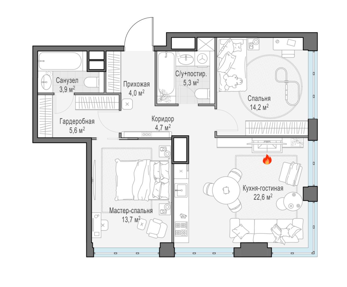 Планировка 3-комнатная квартира в ЖК West Garden (Вест Гарден)
