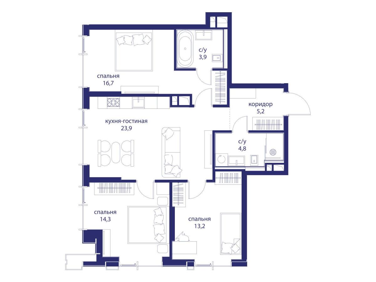 Планировка 3-комнатная квартира в ЖК "Событие"