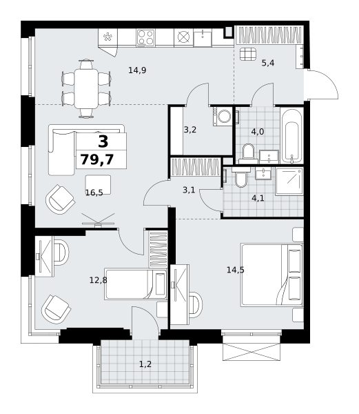 Планировка 3-комнатная квартира в ЖК "Дзен-кварталы"