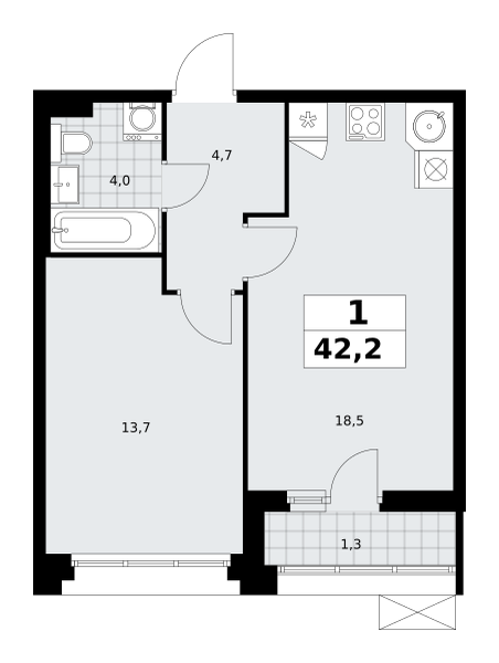 Планировка 1-комнатная квартира в ЖК "Прокшино"